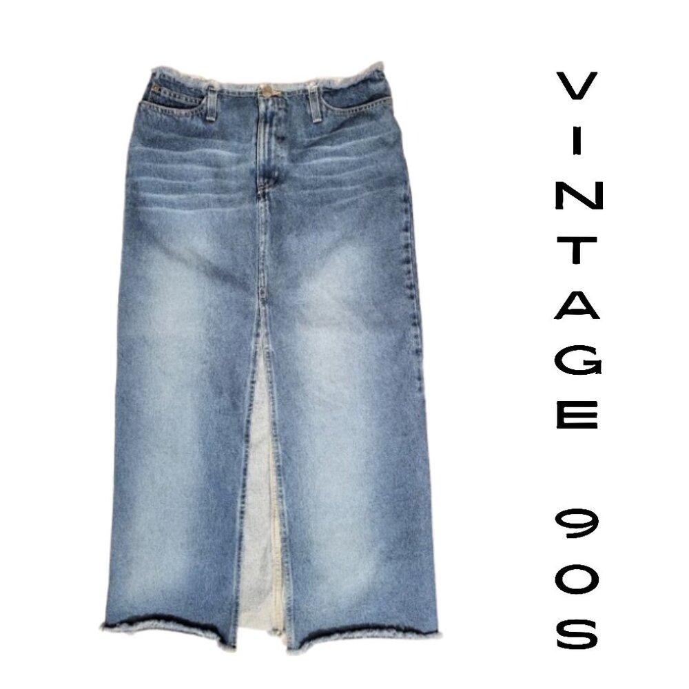 RAVE R4R Vintage 90s Raw Hem Waist Long Blue Jean Front Split Skirt - Women's 9